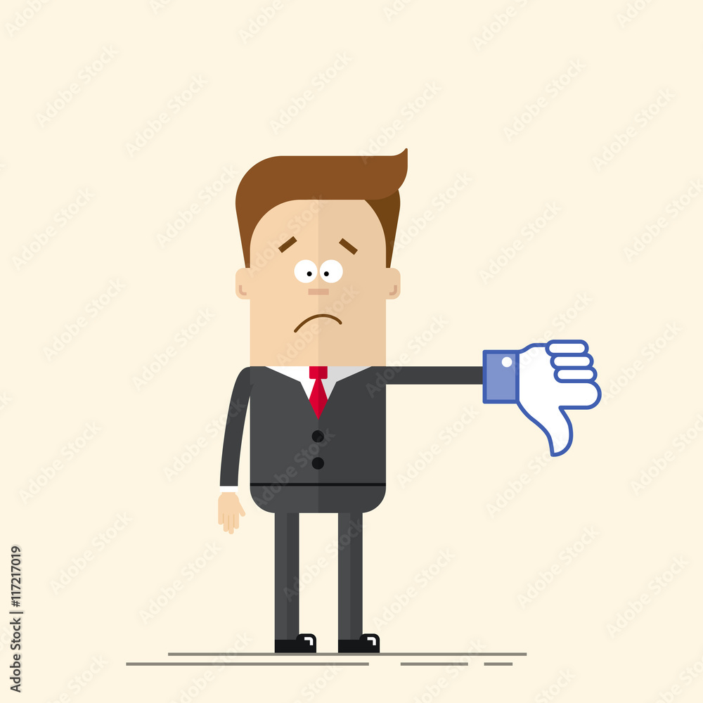 Sad businessman or manager shows a sign Thumb Down blue color. Dislike icon. A man in a business suit and tie. Comic hand. Vector man in a flat, cartoon style. Sad businessman or manager shows a sign Thumb Down blue color. Dislike icon. A man in a business suit and tie. Comic hand. Vector man in a flat, cartoon style.