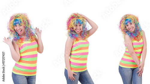 Woman with colourful wig isolated on white