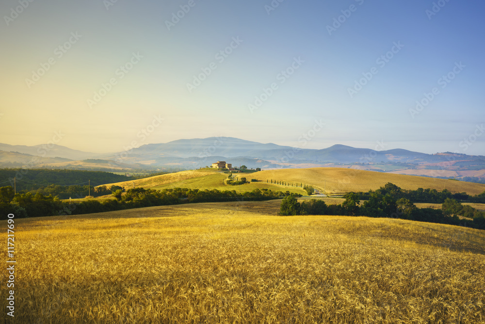 Tuscany spring, rolling hills on sunset. Rural landscape. Green
