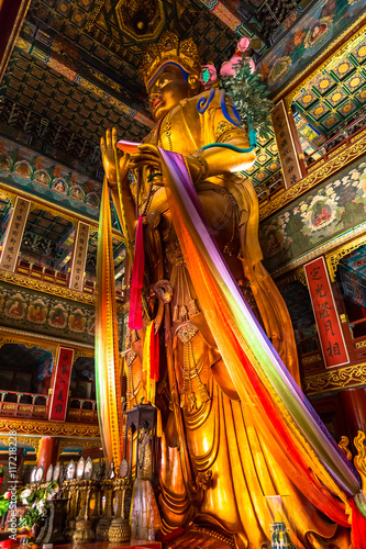 The pavillon of ten thousand happiness in Yonghe Lama temple in beijing contains a guinness world record (18m) giant statue of Maitreya Buddha carved out of a single piece of sandal wood