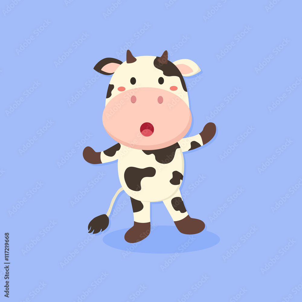 Fototapeta premium Vector illustration of cute cow cartoon character standing in blue background. 