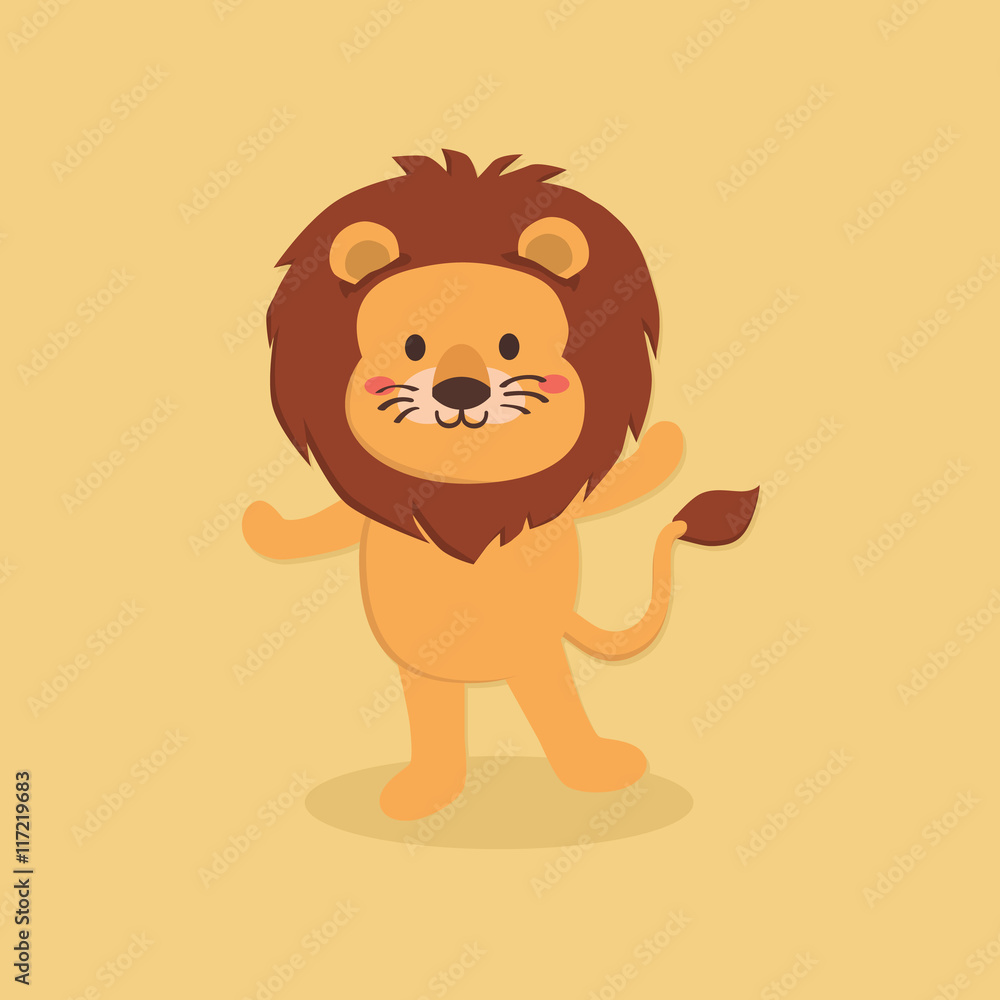 Fototapeta premium Vector illustration of cute lion cartoon character standing in orange brown background. 