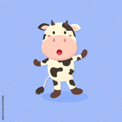 Vector illustration of cute cow cartoon character standing in blue background. 