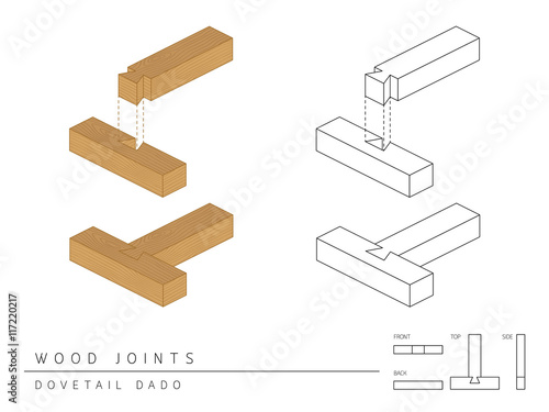 Type of wood joint set Dovetail Dado style, perspective 3d with top front side and back view isolated on white background