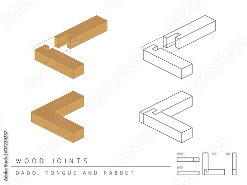 Type of wood joint set Dado, Tongue and Rabbet style, perspective 3d with top front side and back view isolated on white background