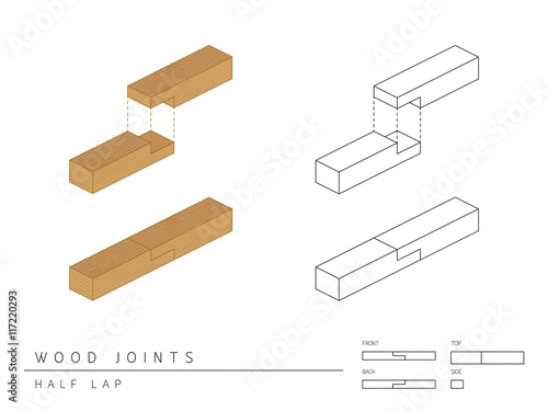 Type of wood joint set Half Lap style, perspective 3d with top front side and back view isolated on white background