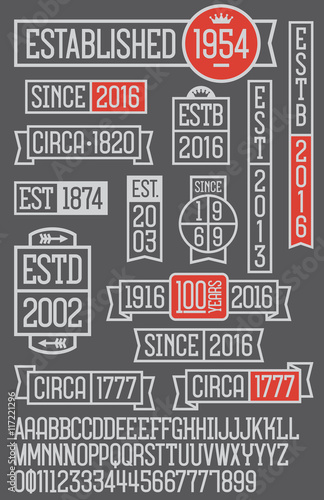 Set of fourteen vector date established business icons and emblems. Includes complete custom alphabet and number set with many alternate characters.