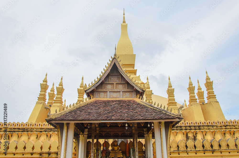 Wat Phra That Luang in Vientiane. Buddhist temple. Famous touris