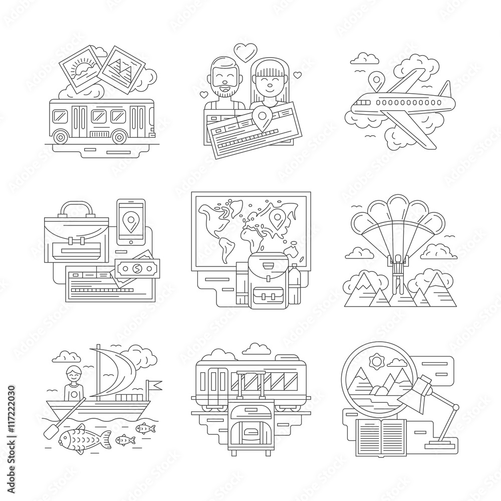 Set of travels detailed line vector icons