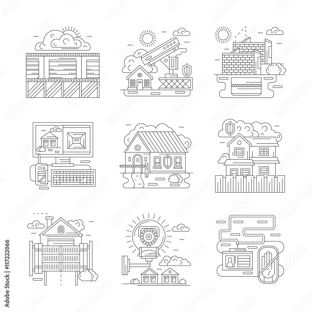 Security facilities detailed line vector icons set