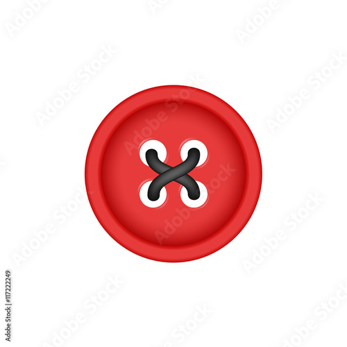 Sewing button in red design with sewing thread