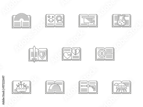 Set of literary genres flat line vector icons