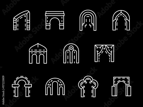 Set of archway styles white line vector icons