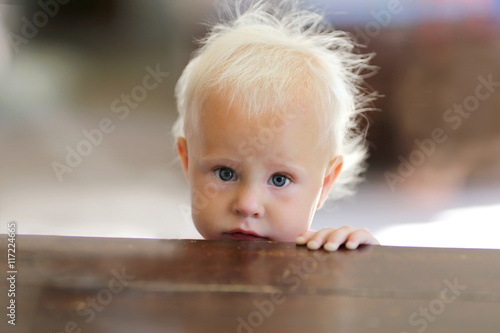 Photography Sad Looking Baby Girl Peeking Over Empty Kitchen Table