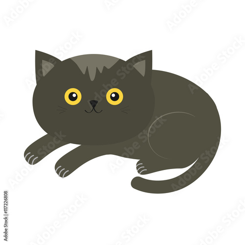 Cute lying gray cartoon cat with moustache whisker and yellow eyes. Funny character. White background. Isolated. Flat design.