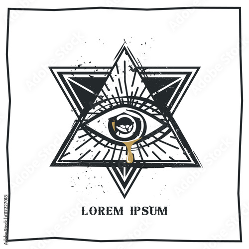All seeing eye symbol, triangle with rays, eye pyramid symbol, vector illustration.