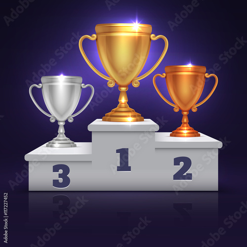 Gold, silver and bronze trophy cup, prize goblet on sport winner podium, pedestal vector illustration
