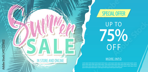 Summer sale lettering on blue background with palm trees. Vector illustration.
