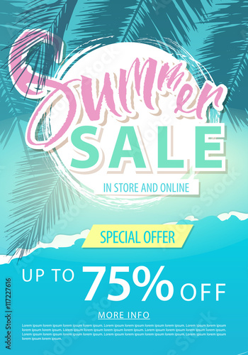 Summer sale lettering on blue background with palm trees. Vector illustration.
