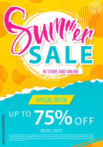 Summer sale lettering template banner. Vector illustration in yellow and blue color.
