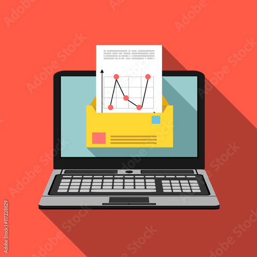 Laptop with envelope and document on screen. E-mail, email marketing, internet advertising concepts. Flat design vector illustration