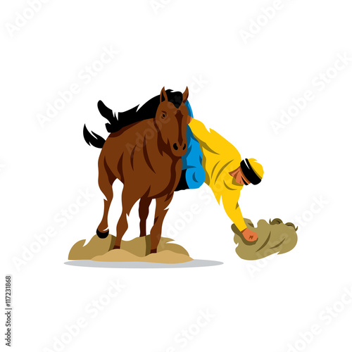 Horse game of Buzkashi. Vector Cartoon Illustration.