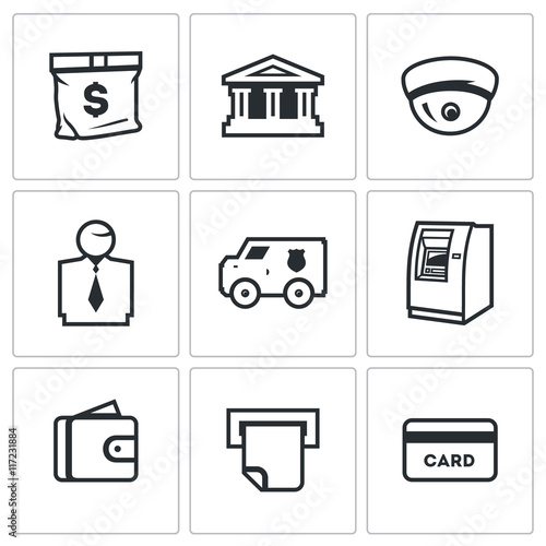 Vector Set of Banking services Icons. Money Bag, Bank Building, CCTV, Banker, Collector Car, ATM, Wallet, Check, Card.