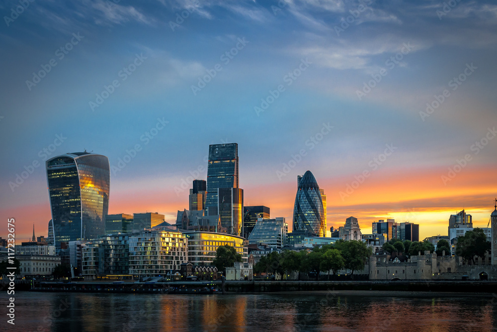 The City, one of the most important global financial center landmarks of the world, and the most important international business center in Europe, on the North bank of river Thames in London, England