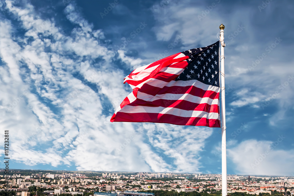 american flag waving in the sky Stock Photo | Adobe Stock