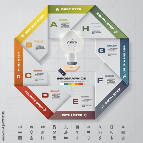 Abstract Vector infographic circle template with 8 steps with hand showing light bulb in the middle. Business presentation template. EPS10.