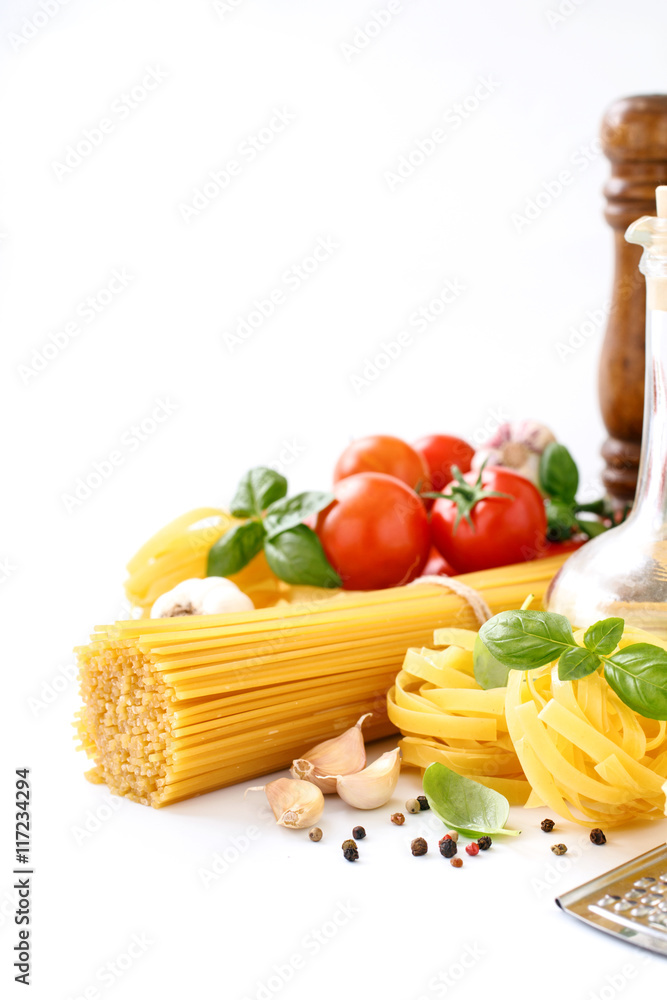 Fettuccine and spaghetti on white background Fettuccine and spaghetti on white background