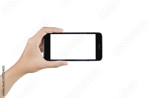 Hand holding smart phone blank screen. Woman hand using smart ph