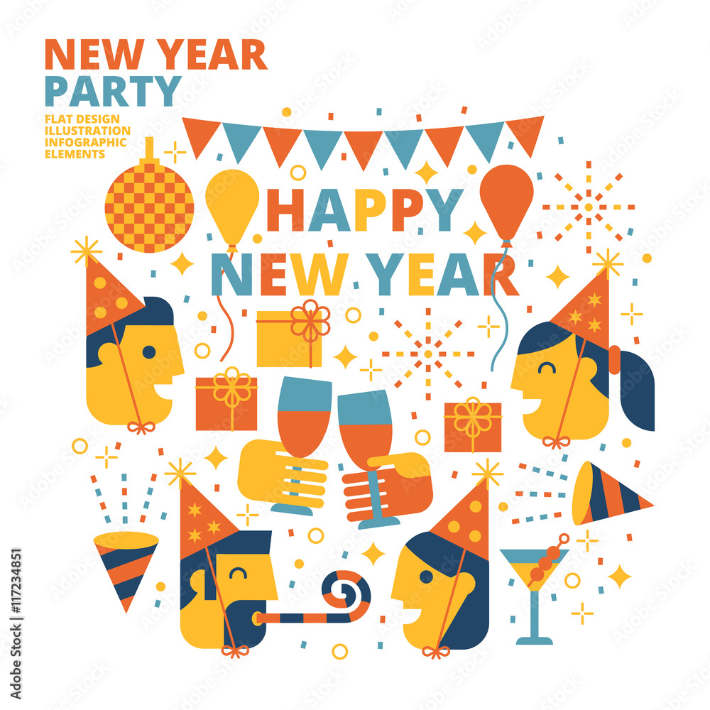 New Year Party, Happy New Year, Flat Design, Illustration New Year Party, Happy New Year, Flat Design, Illustration