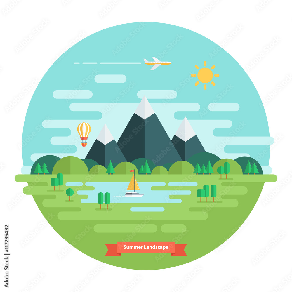 Summer landscape. Nature landscape with sun, mountains and clouds. Sunny day. Flat design vector illustration.