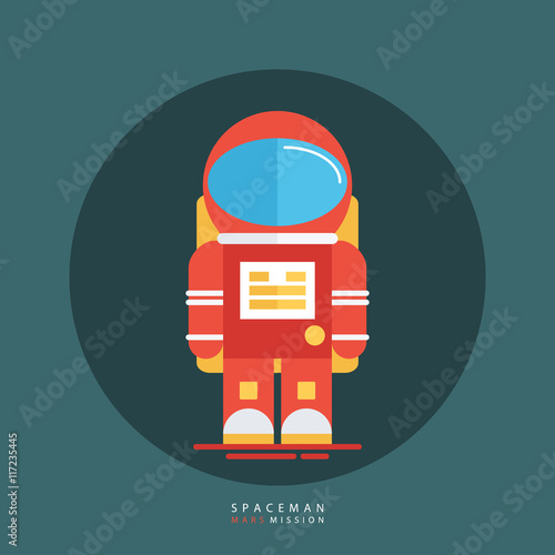 Spaceman in red spacesuit and helmet. Astronaut icon. Flat style design vector illustration.