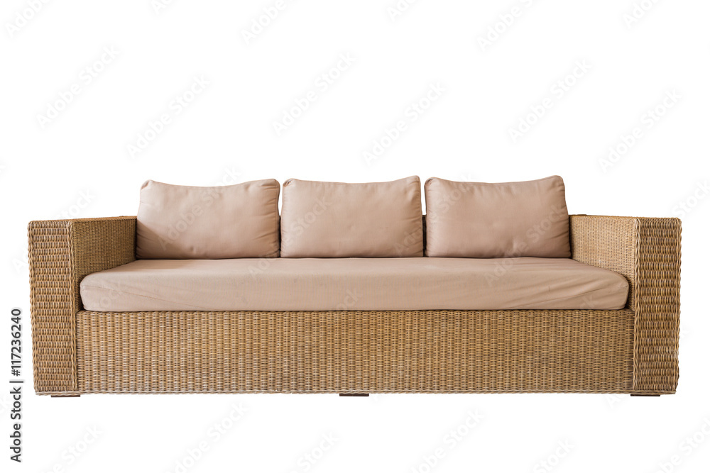 Fototapeta premium Rattan sofa with grey cushions isolated on white. Saved with cli