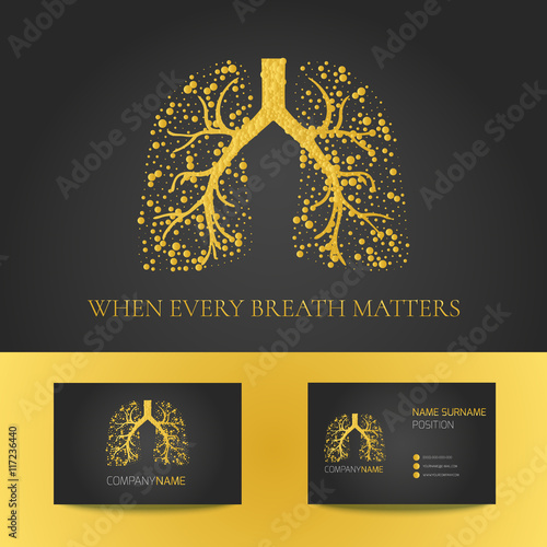 Medical business card template with lungs filled with air bubbles on black background. Gold vector lungs logo graphic design for pulmonary clinics and medical centers. 
