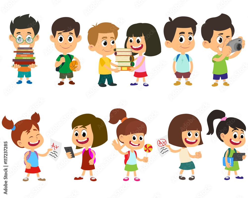 School kids happy character vector.