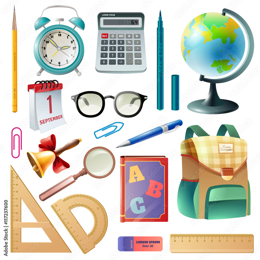 School Supplies Realistic Icons Collection School Supplies Realistic Icons Collection
