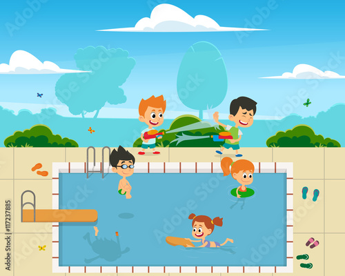 children swimming in the pool.