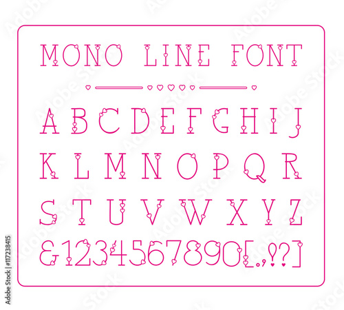 Vector mono line decorative font with hearts. Latin alphabet of vintage outline letters