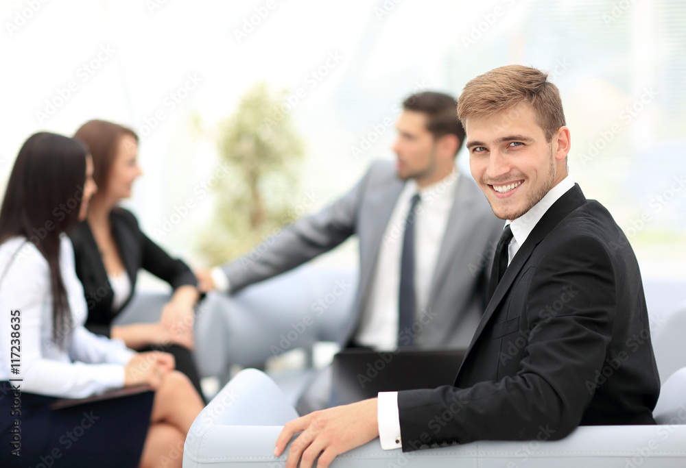 Group of business partners discussing ideas with their leader on Group of business partners discussing ideas with their leader on