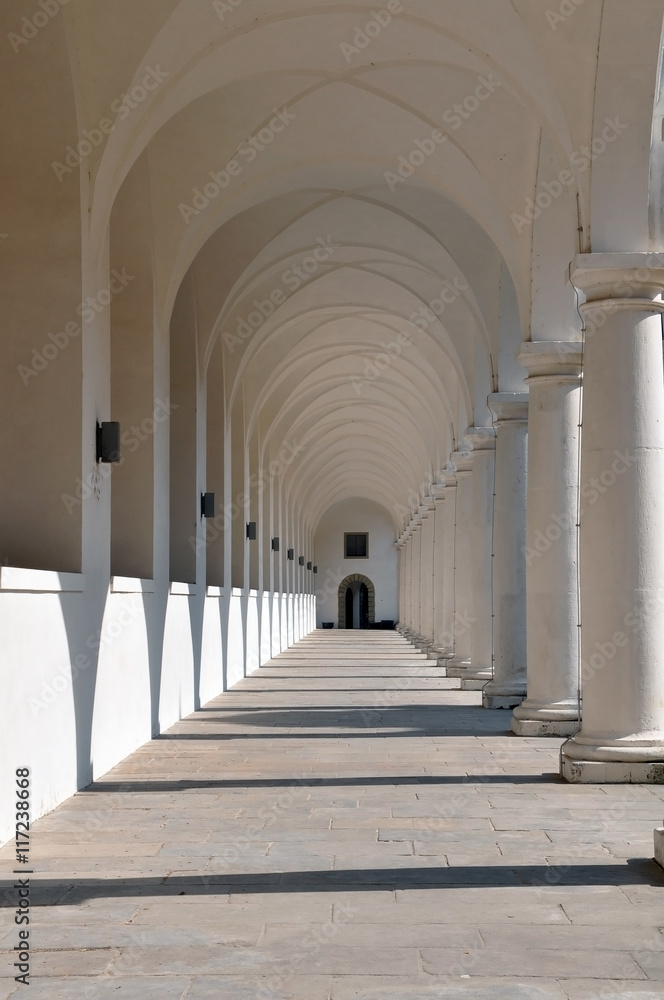 Classical white colonnade  with sharp shadows in perspective.