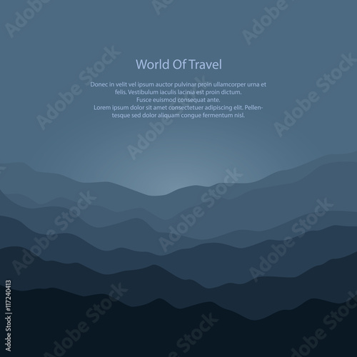 Silhouette of the Mountains Before Sunrise and Text, View of the Mountains in the Morning, Mountain Ranges in Shades of Dark Gray, Waves, Travel and Tourism Concept, Vector Illustration