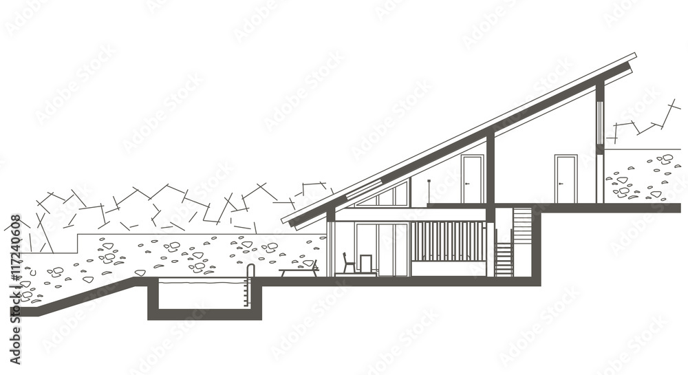 Architectural linear sketch two level house with swimming-pool. Sectional drawing