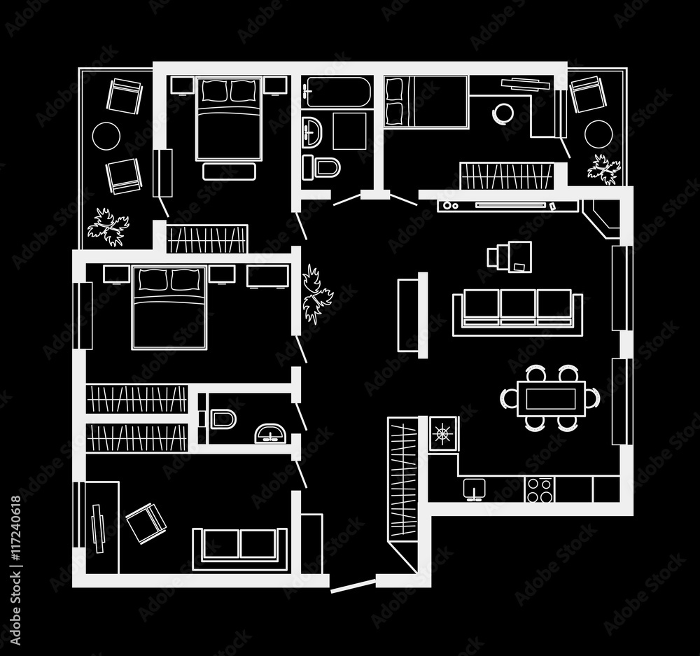 linear architectural sketch plan of four bedroom apartment on black