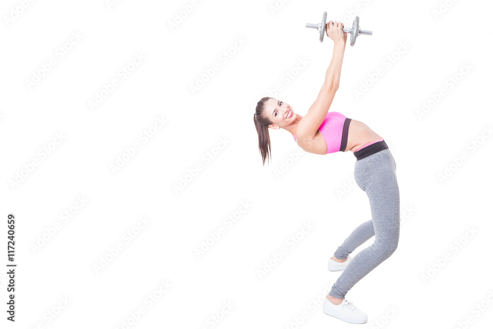 Girl at gym bending back holding weight