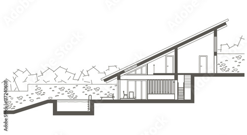 Architectural linear sketch two level house with swimming-pool. Sectional drawing