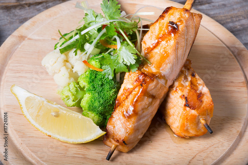 Salmon skewer with soy sauce