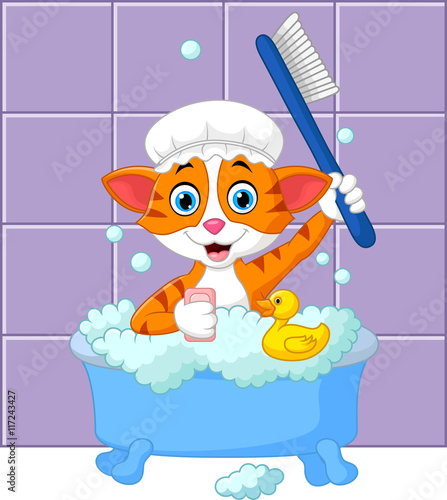 Cartoon funny cat bathing time